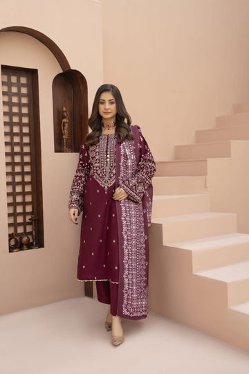Elysian Threads Ready to Wear 3 Pcs Embroidered Slub Dress